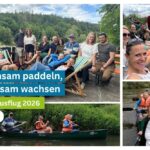 Collage mit Fotos einer Personengruppe beim Kanu fahren als Betriebsausflug