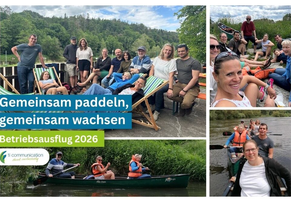 Collage mit Fotos einer Personengruppe beim Kanu fahren als Betriebsausflug