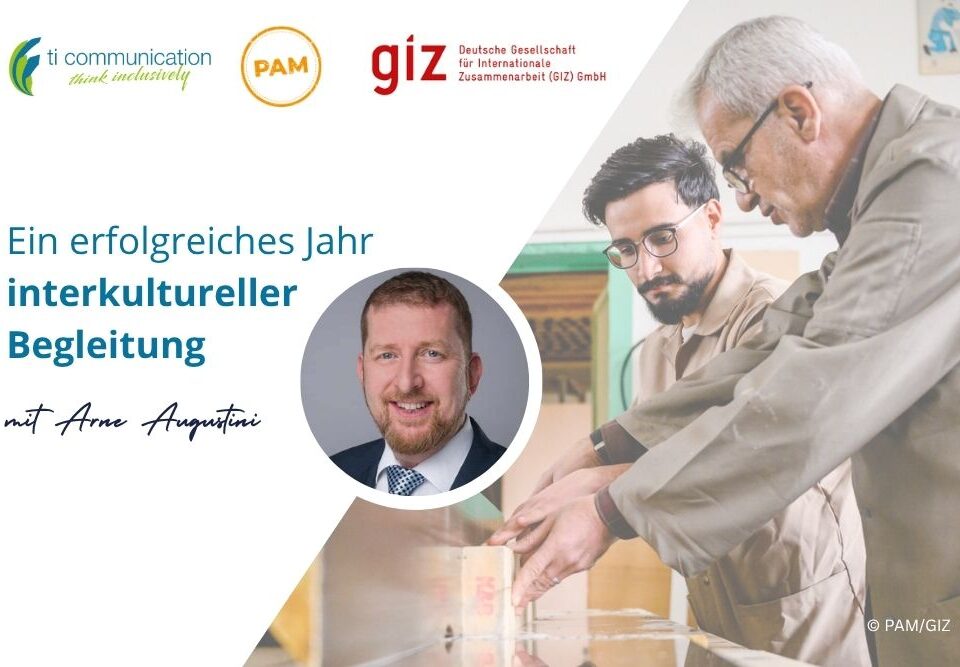 Logo PAM, GIZ, ti communication. Portrait von Arne Augustini. zwei Männer schreinern gemeinsam