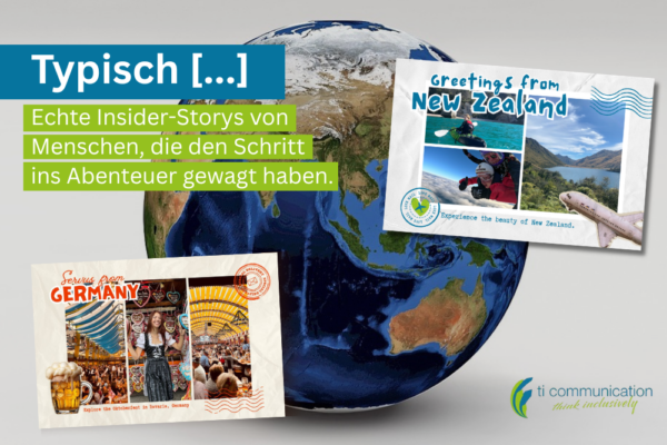 "Typisch [...] - Wahe Insider-Storys von denen, die das Abenteuer gewagt haben.", eine Weltkugel, zwei Postkarten