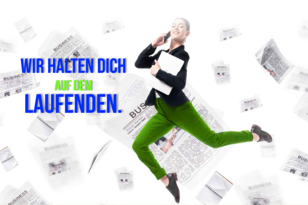 Wir halten dich auf dem Laufenden, Frau mit Zeitung in der Hand