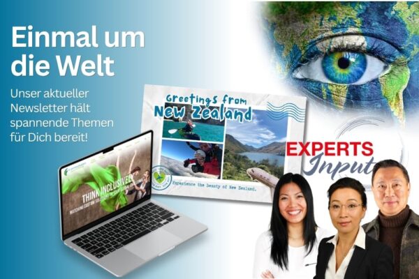Laptop, Postkarte, drei Personen mit asiatischen Hintergrund