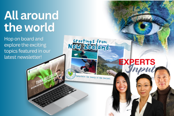 Newsletter header, Laptop, Postcard, three people with chinese background