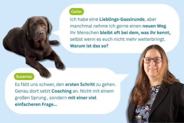 Hund und Frau mit Sprechblasen